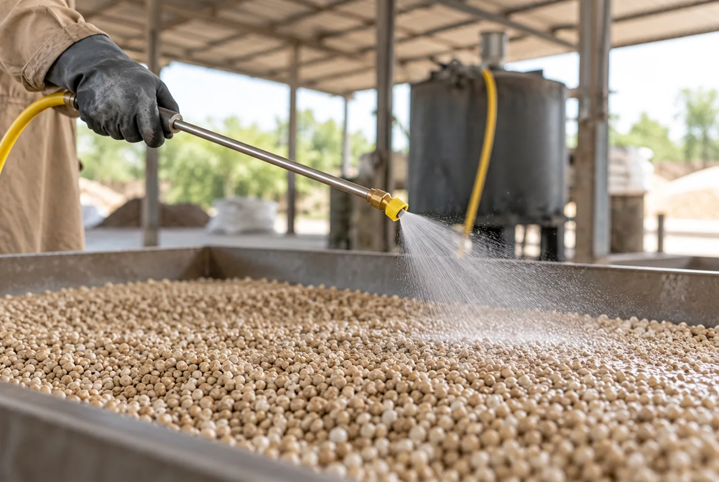 Illustrative visualisation of fertiliser coating — granules being sprayed in a treatment process